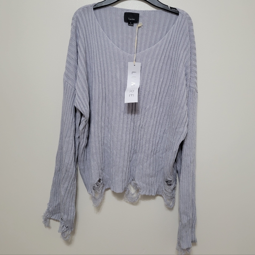 Lumiere Light Gray Distressed Sweater